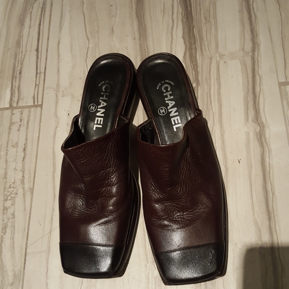 Chanel black and brown color block wedge mules